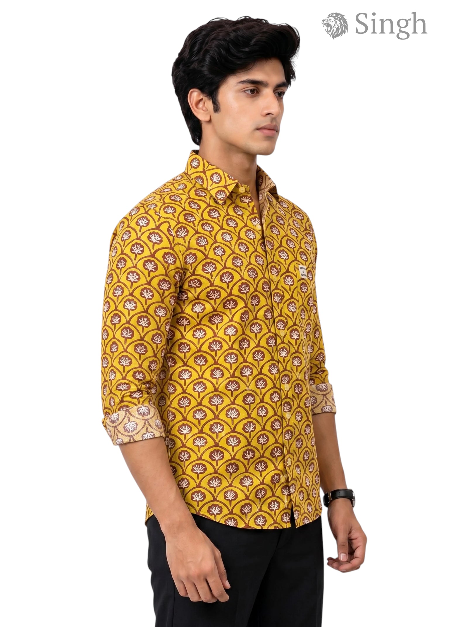 Shirt in yellow floral print cotton fabric, side view, featuring Singh Mens Sanganeri Floral-15-107-1