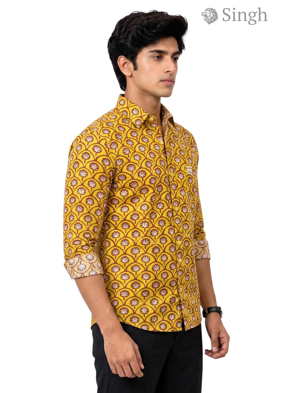 Shirt in yellow floral print cotton fabric, side view, featuring Singh Mens Sanganeri Floral-15-107-1