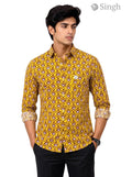 Shirt in yellow floral cotton fabric, front view; featuring Singh Mens Sanganeri Floral-15-107-1