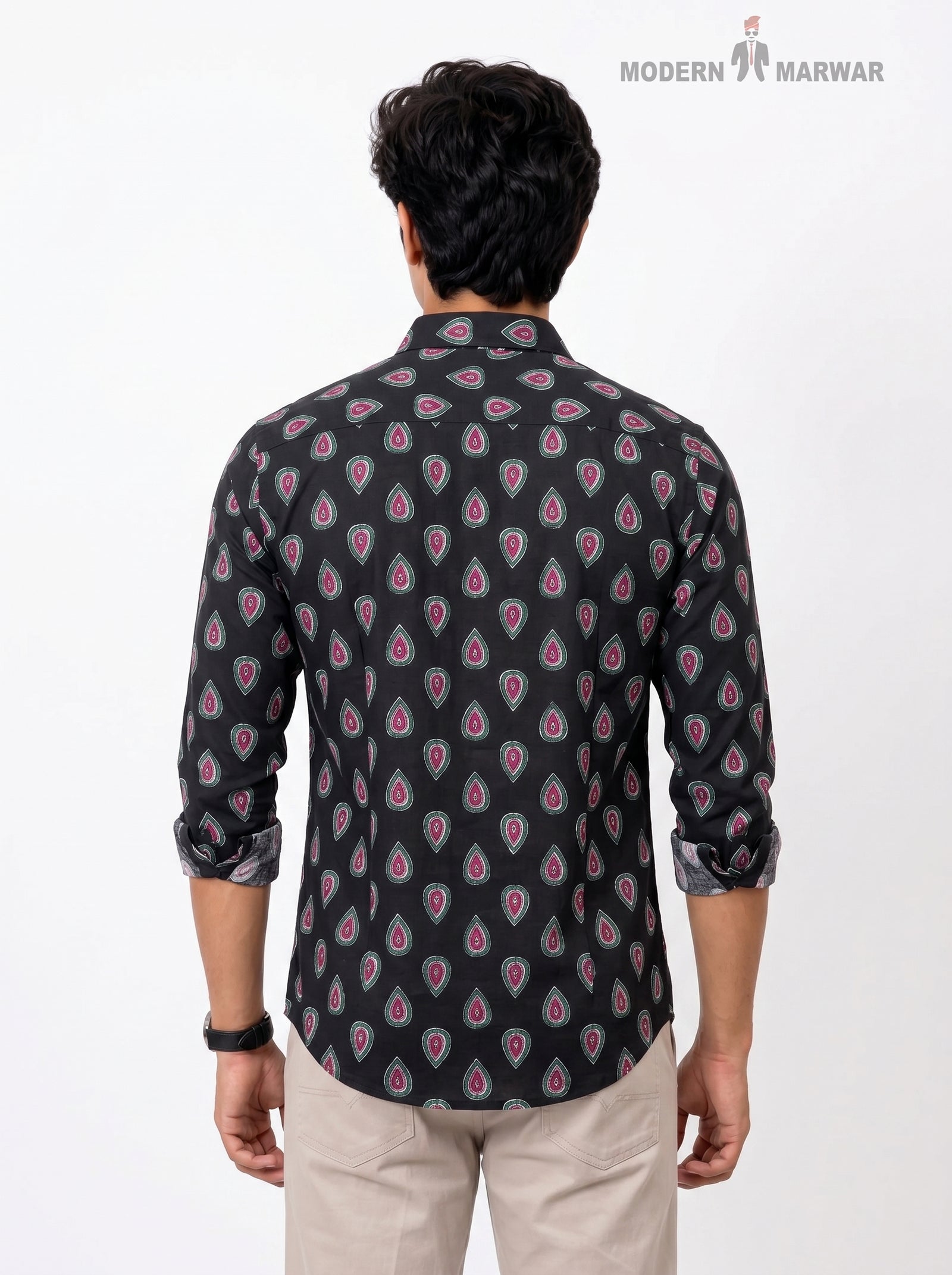 Mens Sanganeri Floral Shirt-15-106-3 in black cotton with back view showcasing floral design
