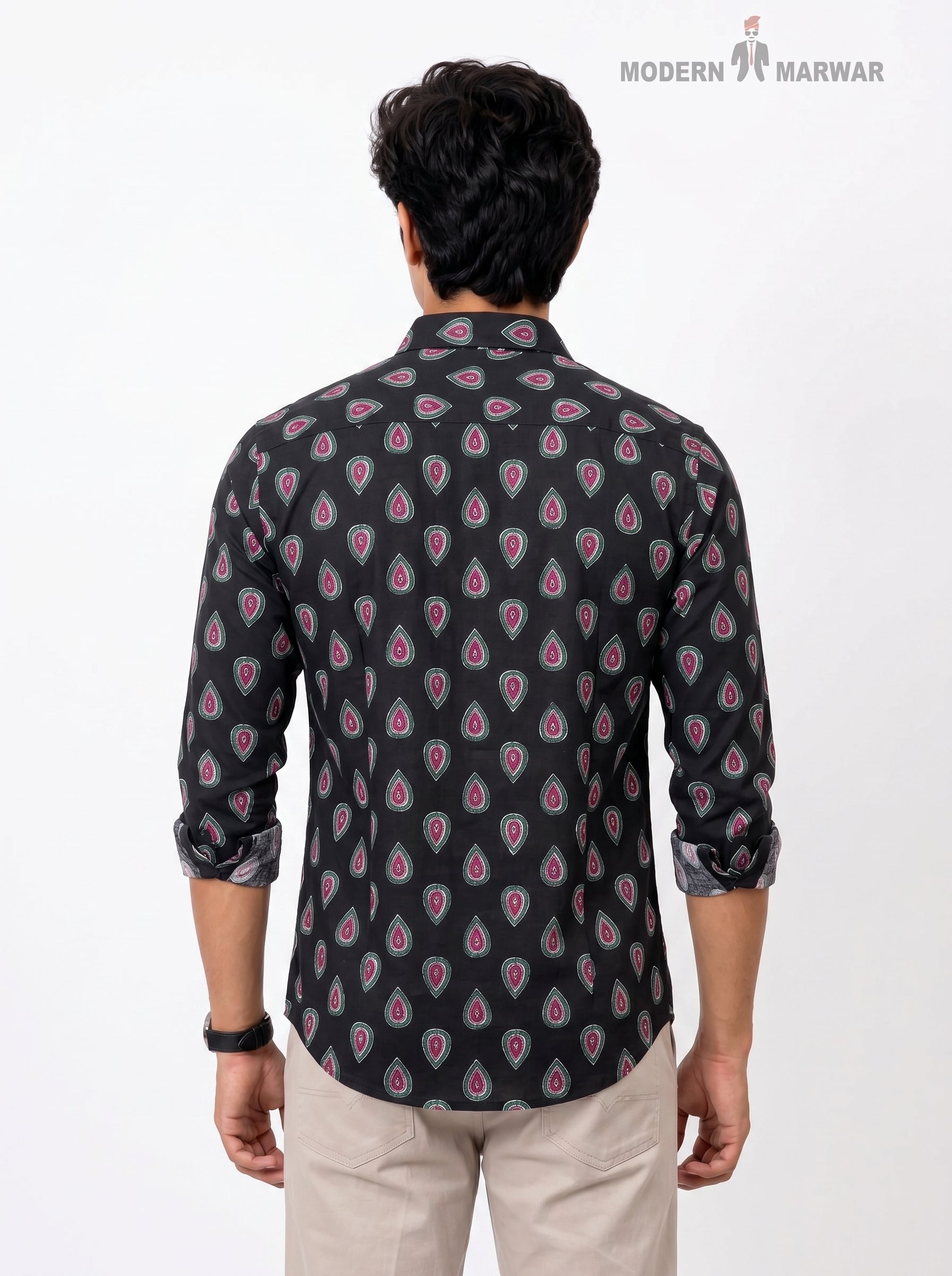 Mens Sanganeri Floral Shirt-15-106-3 in black cotton with back view showcasing floral design