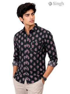 Men's black floral shirt in cotton, featuring Sanganeri design, Singh Mens Sanganeri Floral Shirt-15-106-3