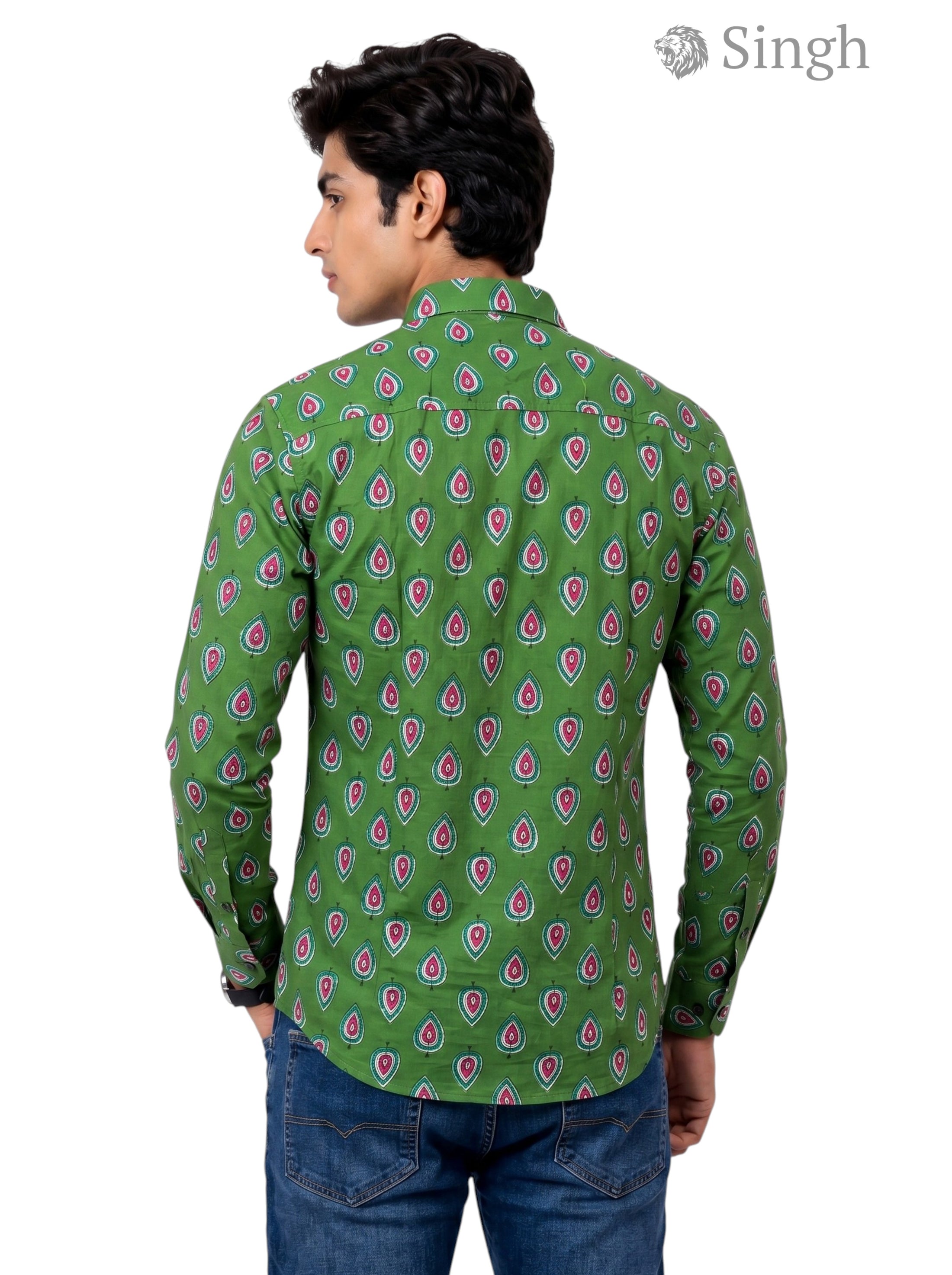 Mens Sanganeri Floral Shirt-15-106-3 in Green Cotton from Modern Marwar, Back View