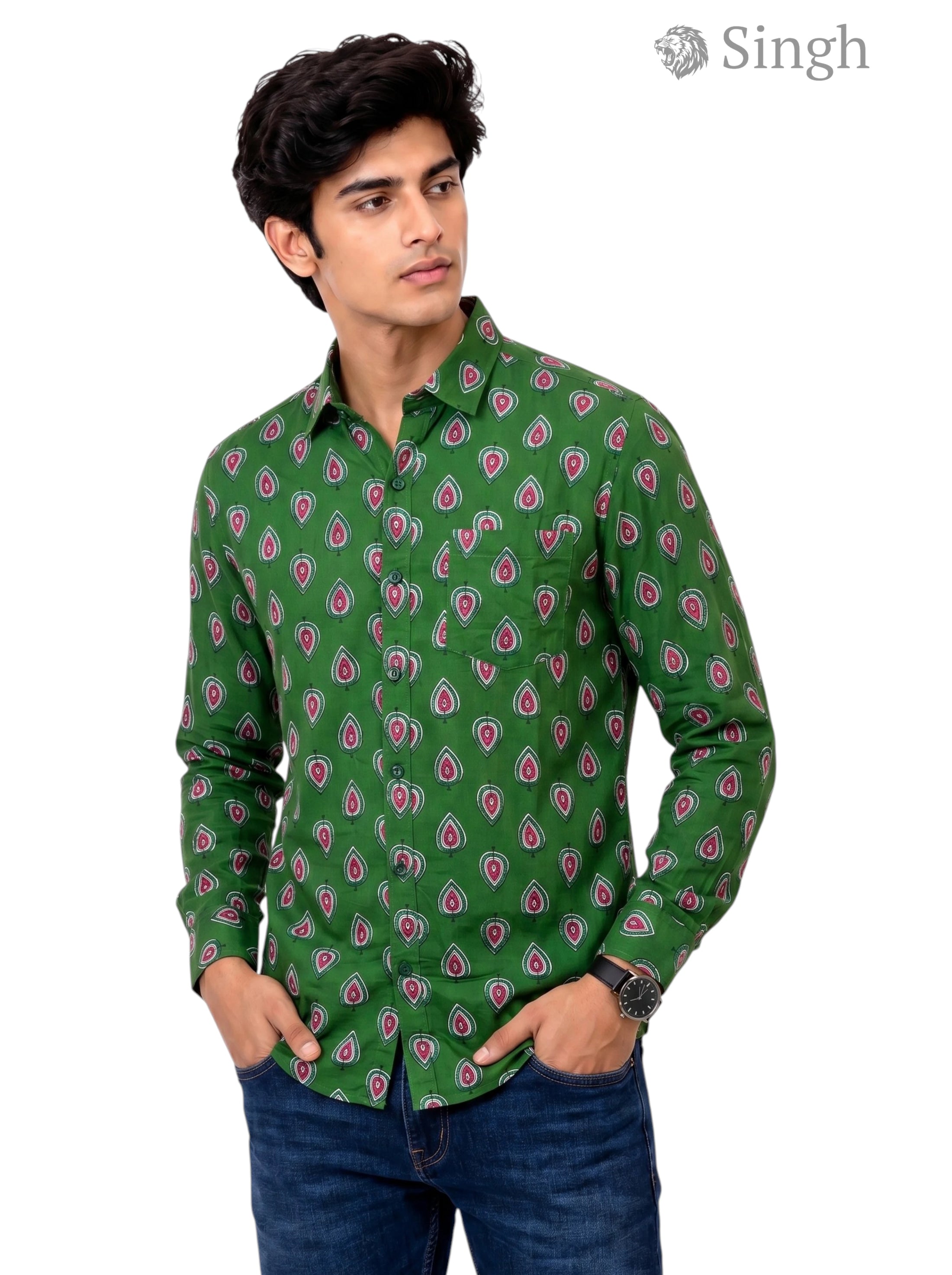 Men's green cotton shirt from Modern Marwar at an angle featuring Singh Mens Sanganeri Floral Shirt-15-106-3