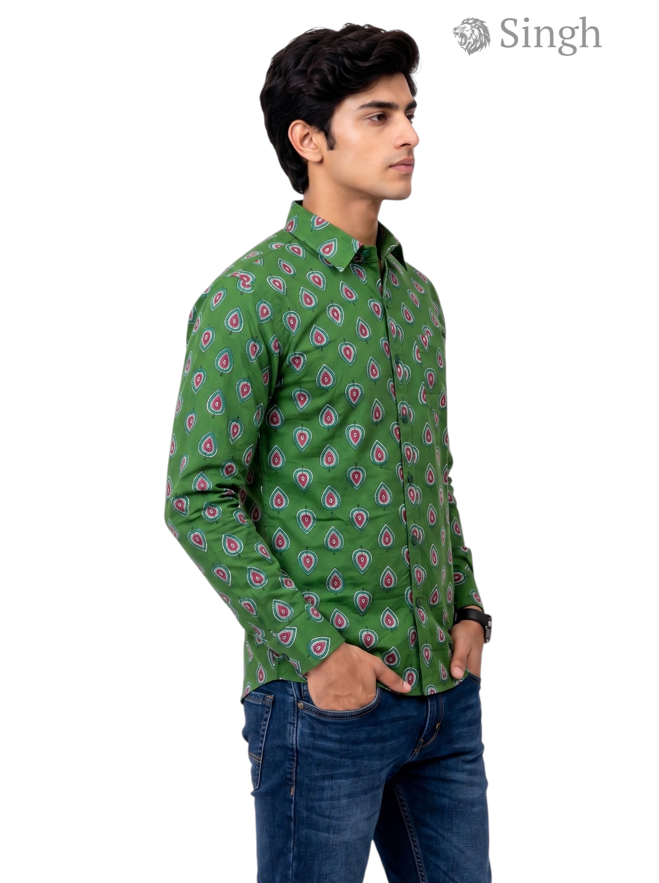 Men's Floral Shirt in Green Cotton from Modern Marwar, side view featuring Sanganeri pattern Singh Mens Sanganeri Floral Shirt-15-106-3