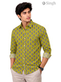 Mens Sanganeri Floral Shirt-15-106-3 in green cotton from Modern Marwar, styled at a three-quarter view