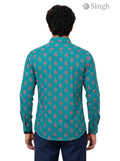 Mens Sanganeri Floral Shirt-15-106-3 in Teal Cotton, Back View with Vibrant Print
