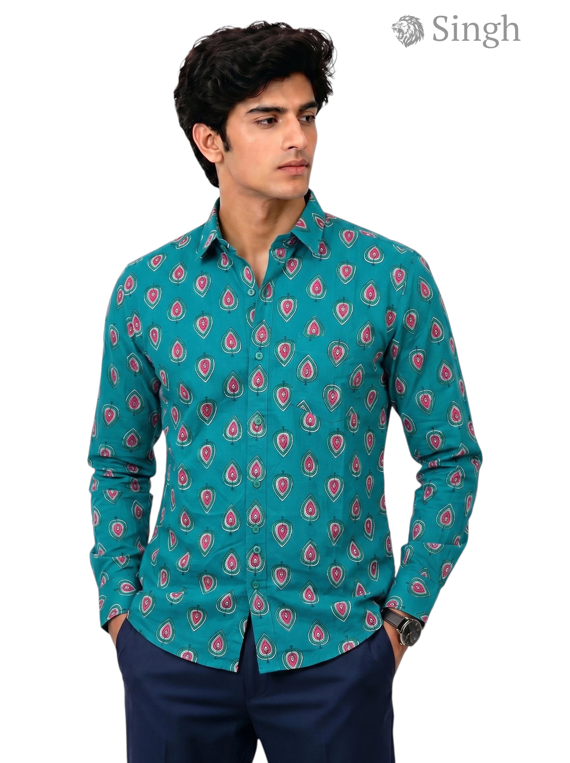 Men's long-sleeve teal cotton shirt at a front angle featuring Singh Mens Sanganeri Floral Shirt-15-106-3.