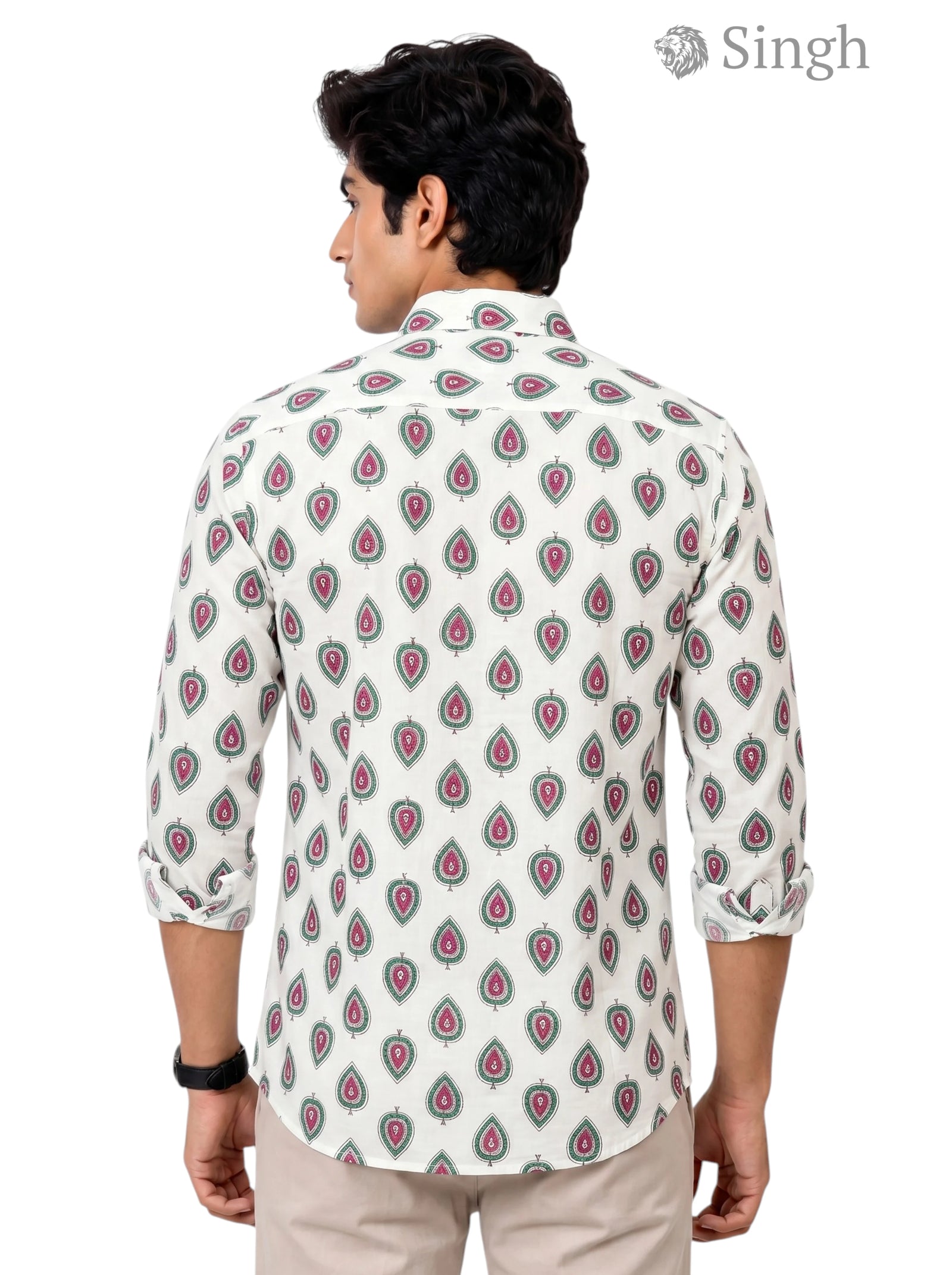 Floral shirt in white cotton from Modern Marwar, back view featuring Singh Mens Sanganeri Floral Shirt-15-106-3