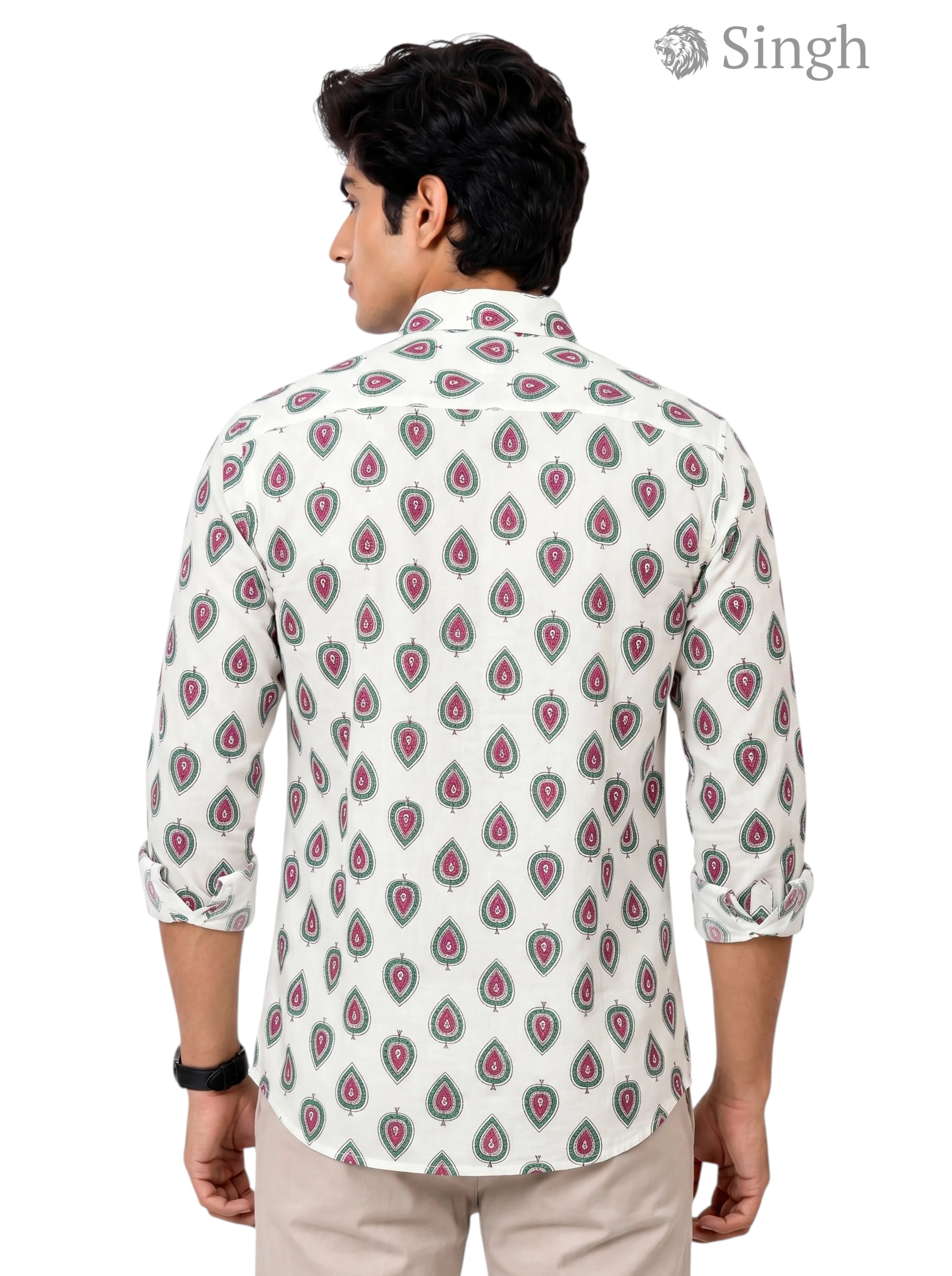 Floral shirt in white cotton from Modern Marwar, back view featuring Singh Mens Sanganeri Floral Shirt-15-106-3
