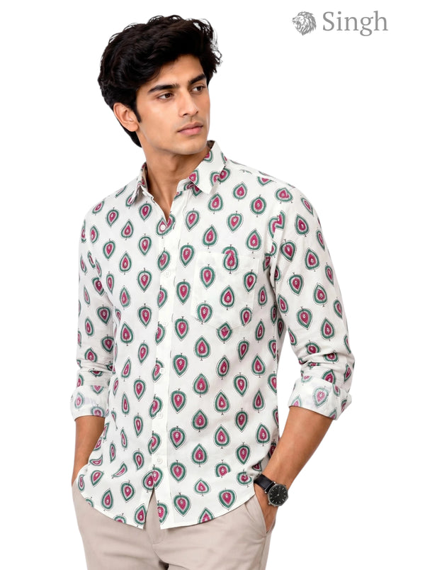 Sanganeri Floral Shirt in White Cotton, Front View, by Singh Mens Sanganeri Floral Shirt-15-106-3