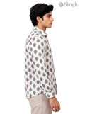 Sanganeri Floral Shirt in White Cotton, Side View, Singh Mens Sanganeri Floral Shirt-15-106-3