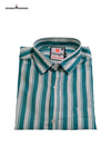 Modern Marwar men's striped shirt in teal and white with a classic collar and a chest pocket