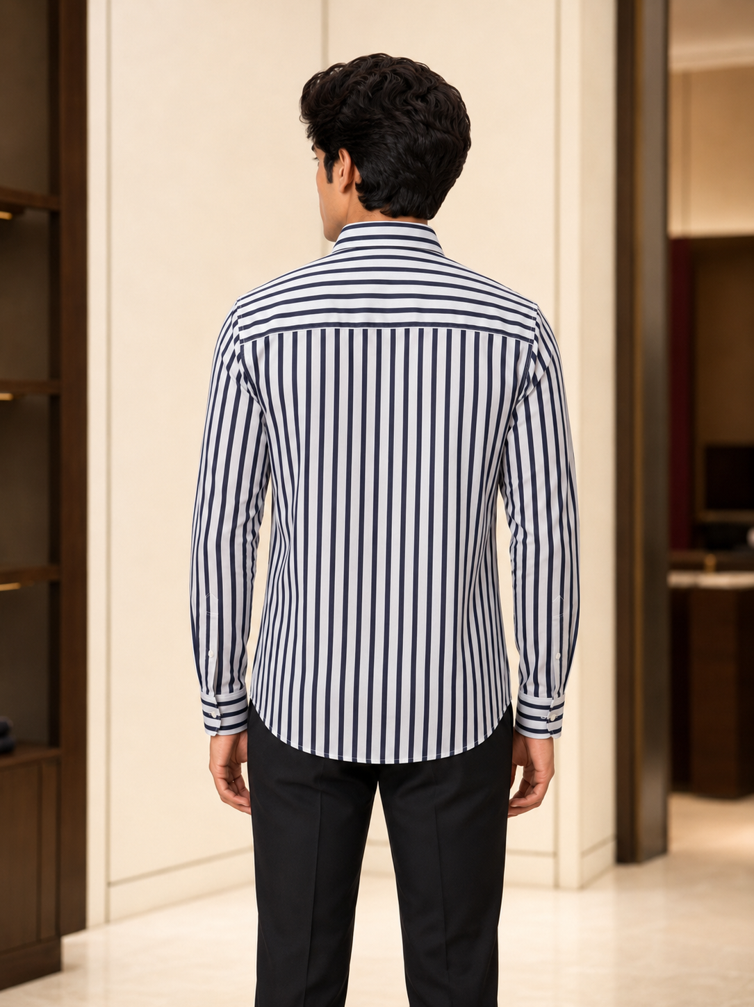 SINGH navy and white striped men's shirt back view