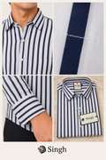 SINGH navy and white striped shirt collar fabric cuff and folded details