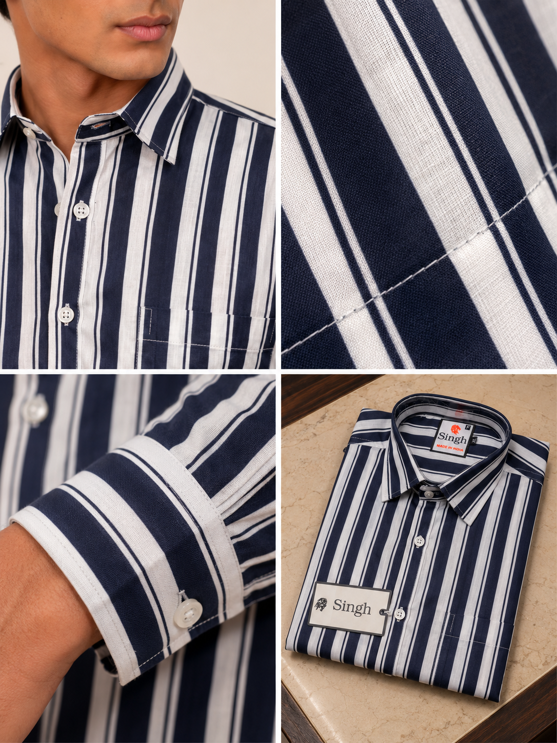 SINGH navy striped shirt FG06620-7 collar fabric cuff and folded details
