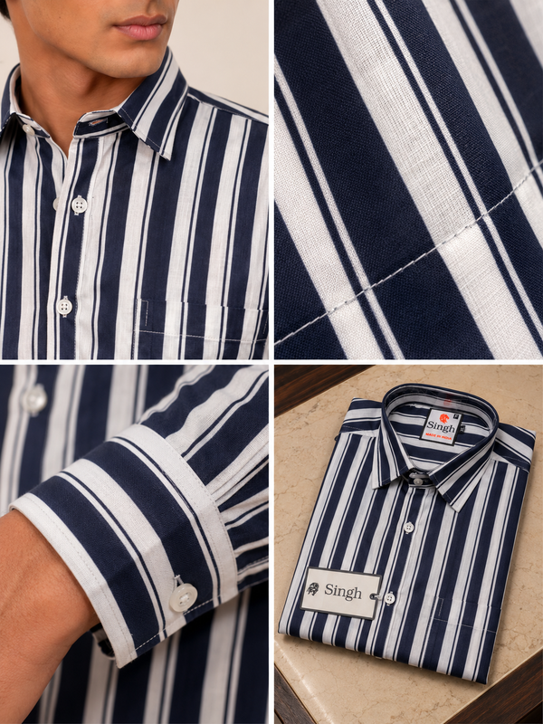 SINGH navy striped shirt FG06620-7 collar fabric cuff and folded details