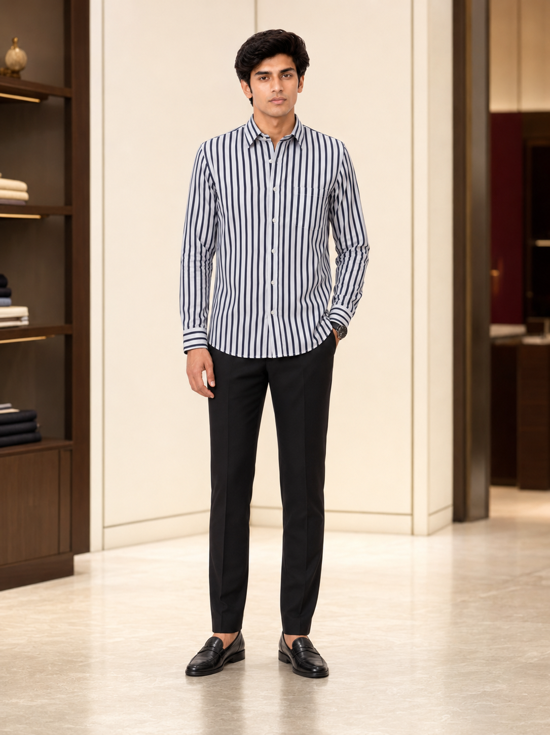 SINGH navy and white striped men's shirt full front lifestyle view