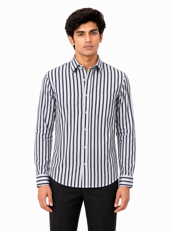 SINGH navy and white striped men's shirt front view on model