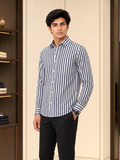 SINGH navy and white striped men's shirt 45 degree side view