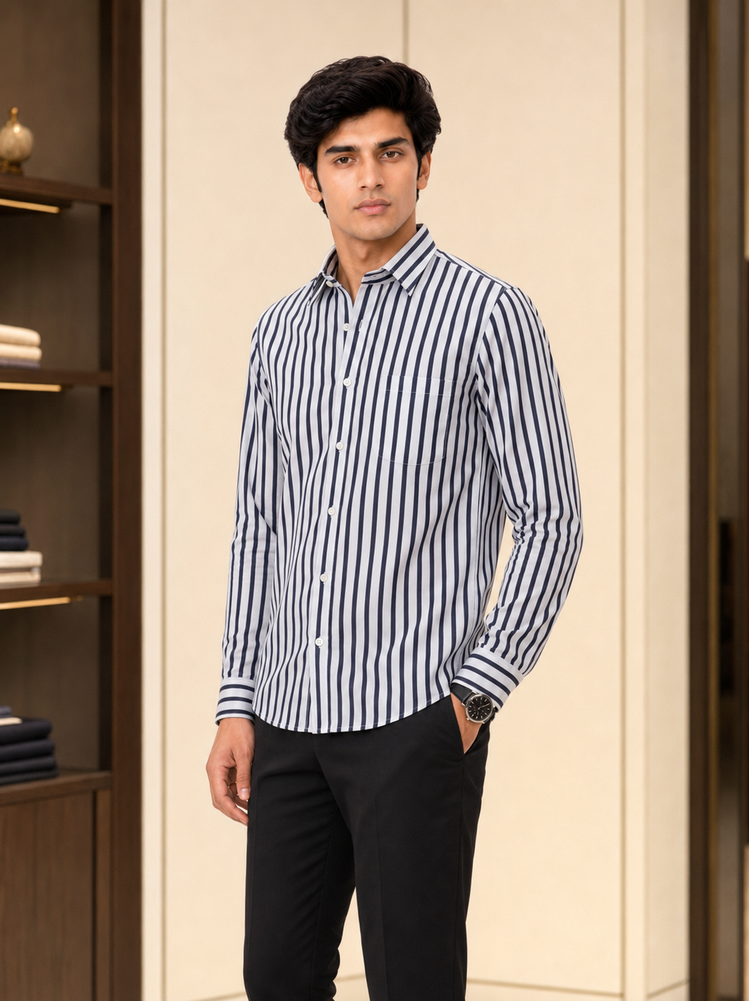SINGH navy and white striped men's shirt 45 degree side view