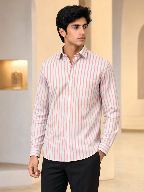 SINGH pink and white striped men's shirt 45 degree side view