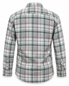 Back view – checked popcorn shirt with long sleeves and curved hem