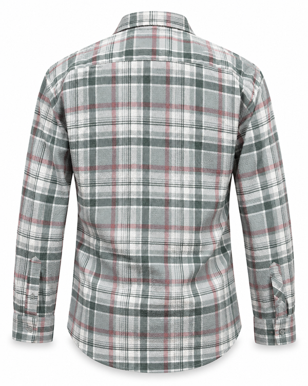 Back view – checked popcorn shirt with long sleeves and curved hem