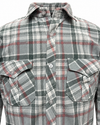 Detail view – collar, buttoned flap pockets and textured checked fabric