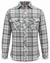 Front view – grey sage and pink checked popcorn shirt with twin flap pockets