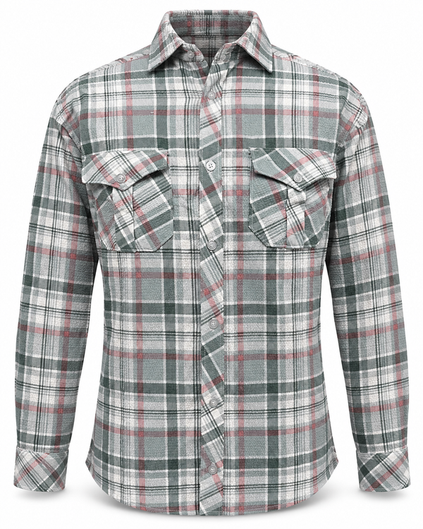 Front view – grey sage and pink checked popcorn shirt with twin flap pockets