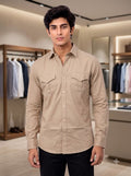 M Beige Cotton Hunting Shirt - Front View of SINGH PREMIUM CODRAGE SHIRTS-13872-11