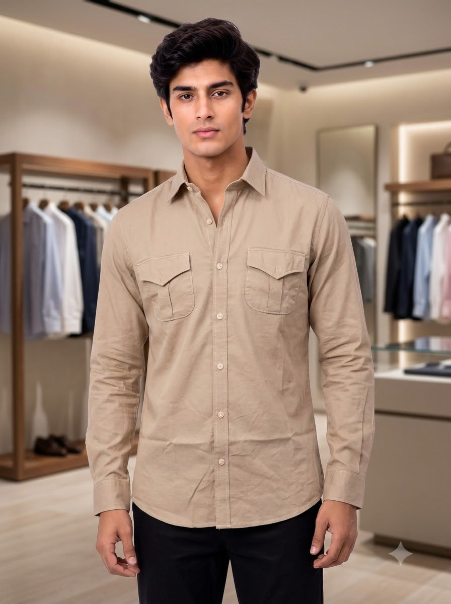 M Beige Cotton Hunting Shirt - Front View of SINGH PREMIUM CODRAGE SHIRTS-13872-11