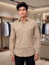 M Beige Cotton Hunting Shirt - Front View of SINGH PREMIUM CODRAGE SHIRTS-13872-11