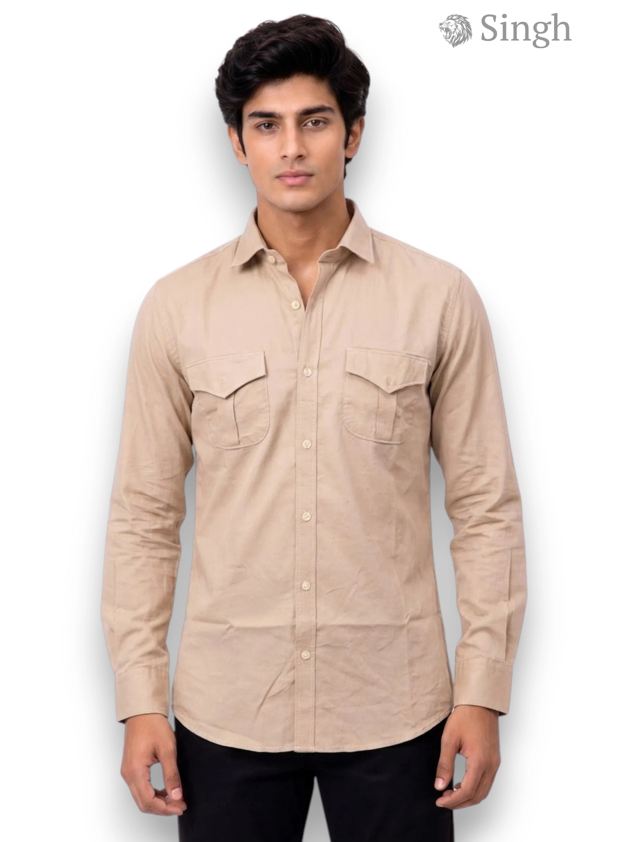 M Hunting Shirt in Tan Color with Cotton Fabric - SINGH PREMIUM CODRAGE SHIRTS-13872-11