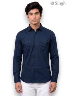 M Hunting Shirt in Navy Blue Cotton, Front View, SINGH PREMIUM CODRAGE SHIRTS-13872-11