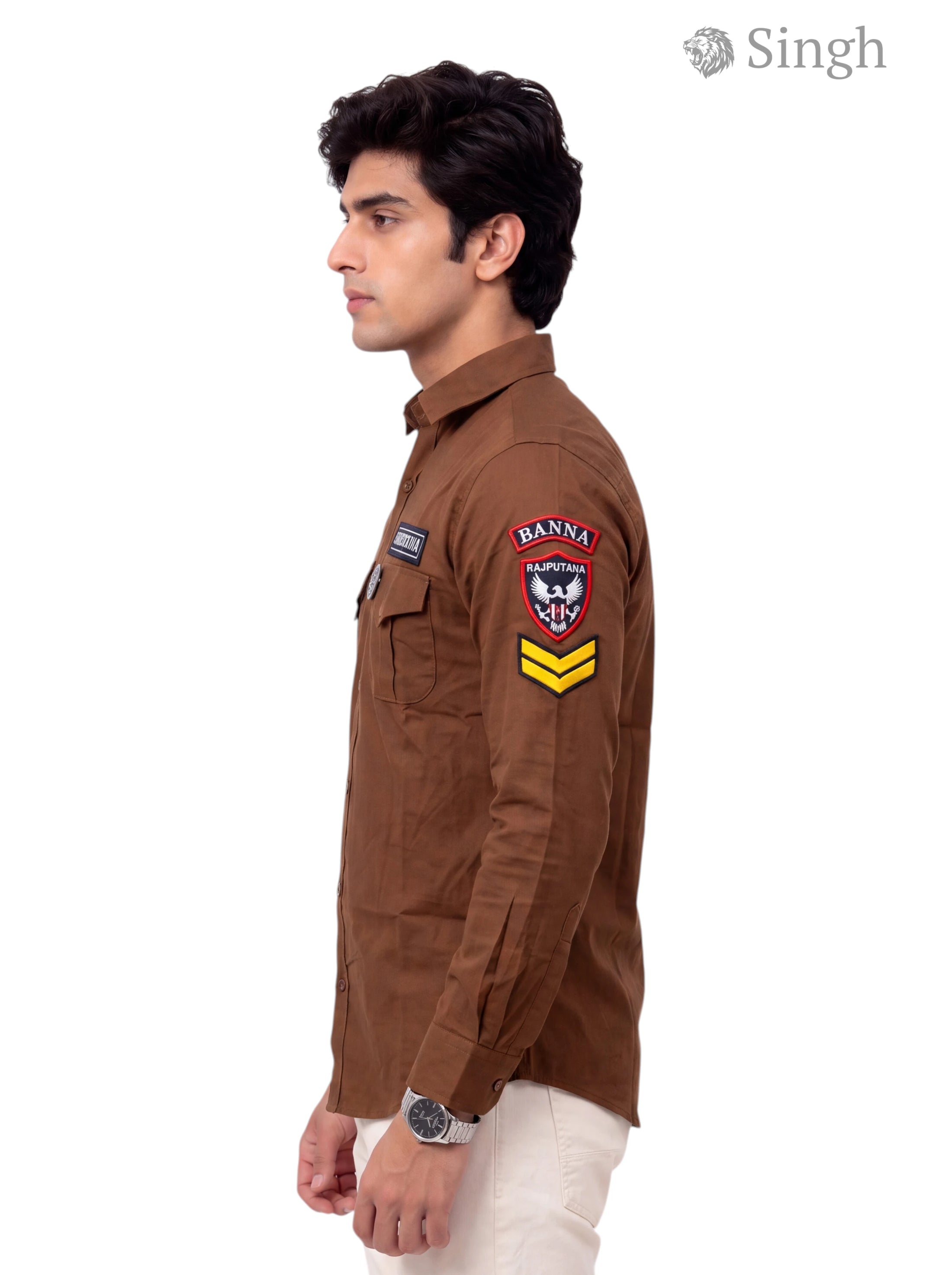 Men's brown cotton shirt from SINGH in a side view featuring Singh RAJUTANA SHIRTS (MENS) F-23