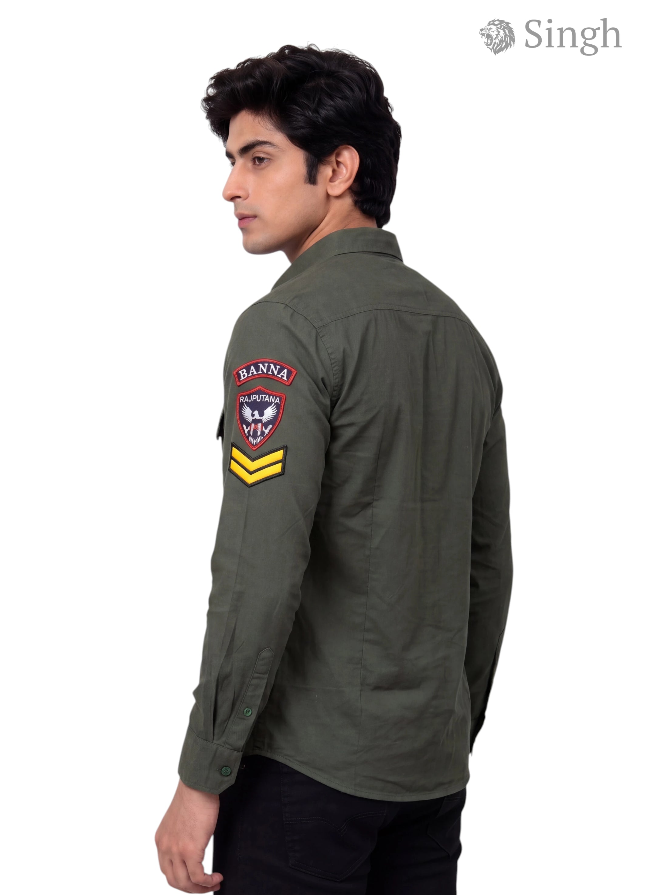 Men's olive green cotton shirt viewed from the back, featuring Singh RAJUTANA SHIRTS (MENS) F-23