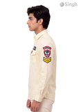Men's yellow cotton shirt in profile view, featuring Singh RAJUTANA SHIRTS (MENS) F-23 with emblem details