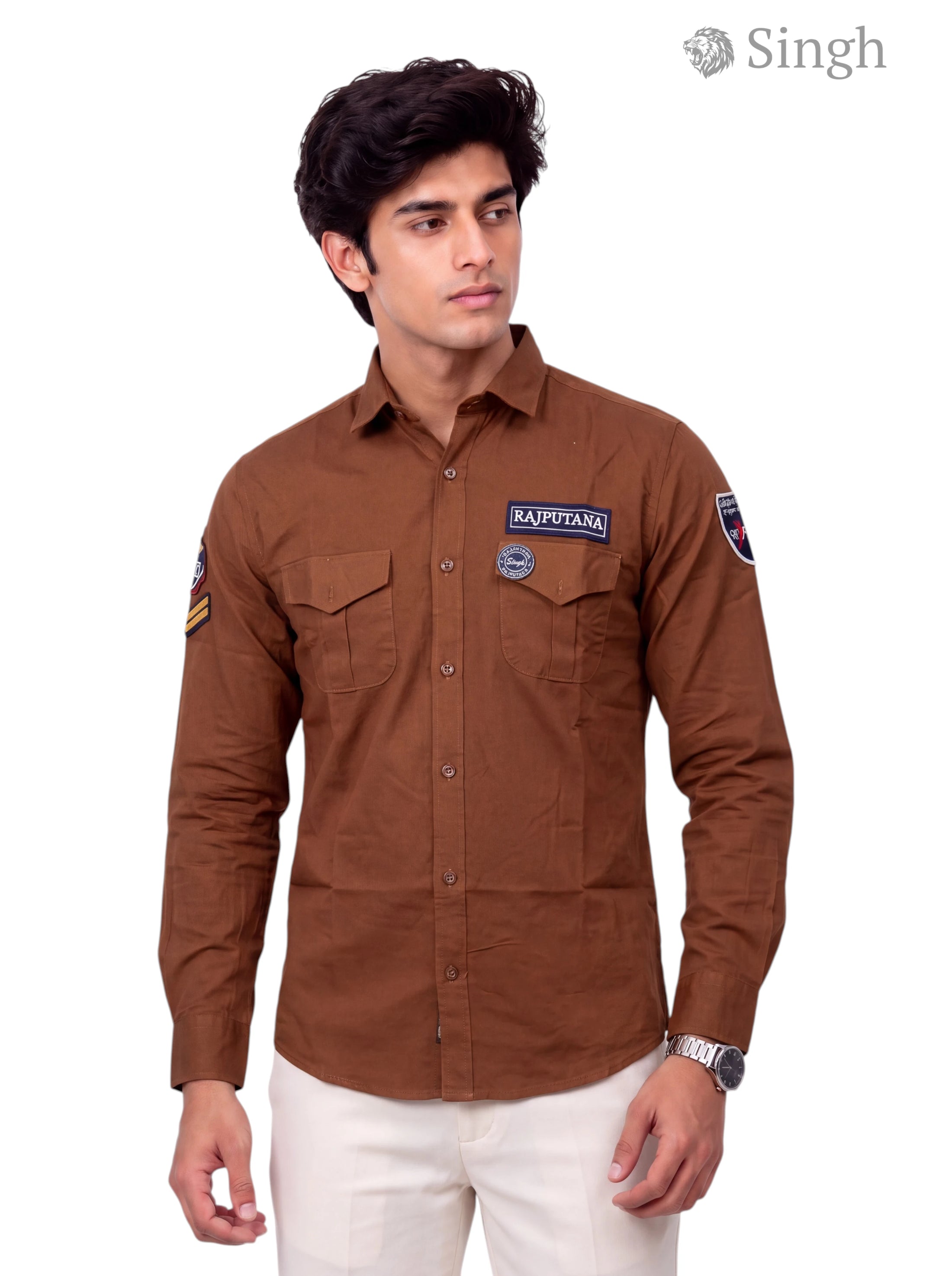 Men's brown cotton shirt from Singh, showcasing Rajputana Shirts (Mens) F-23 design and style