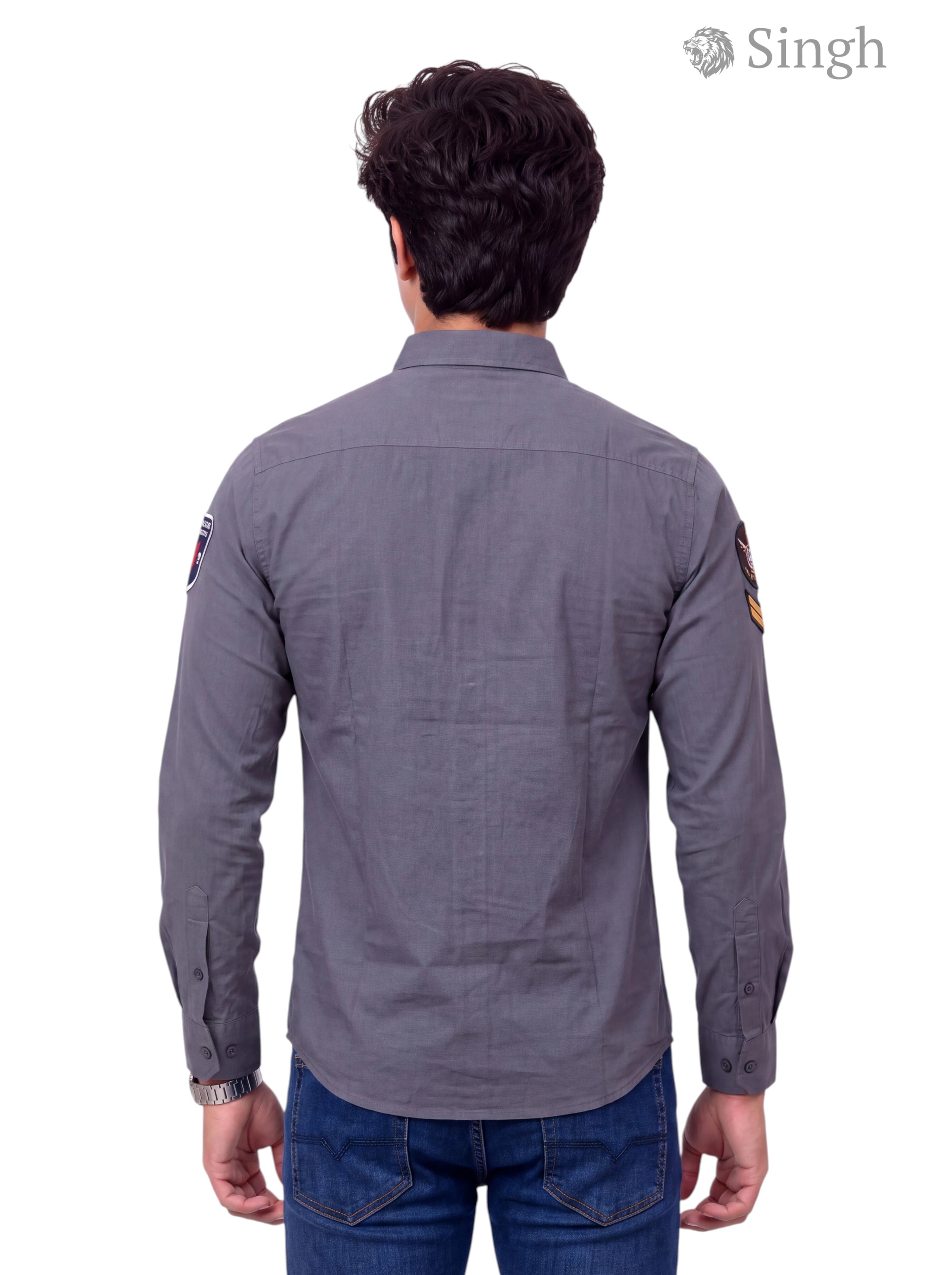 Men's grey cotton shirt from SINGH, back view featuring Singh RAJUTANA SHIRTS (MENS) F-23