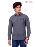Men's grey Singh RAJUTANA SHIRTS (MENS) F-23 in cotton fabric, front view with logo and pockets