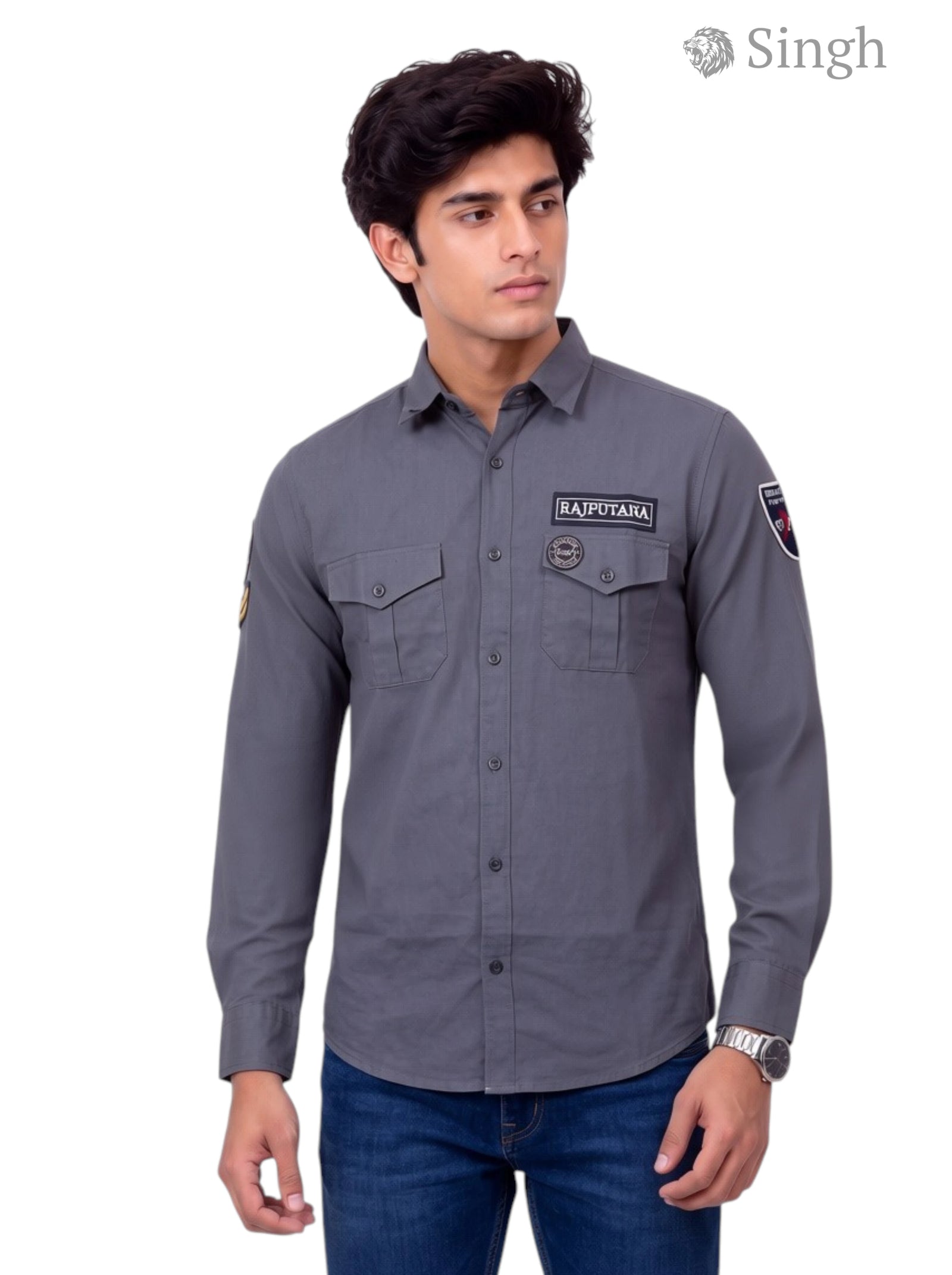 Men's grey Singh RAJUTANA SHIRTS (MENS) F-23 in cotton fabric, front view with logo and pockets
