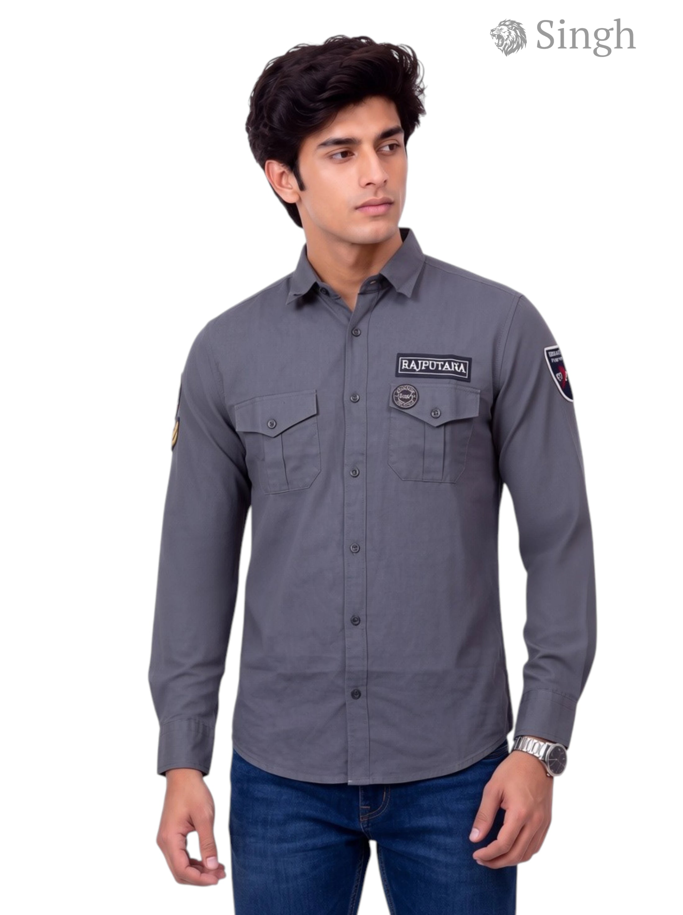 Men's grey Singh RAJUTANA SHIRTS (MENS) F-23 in cotton fabric, front view with logo and pockets