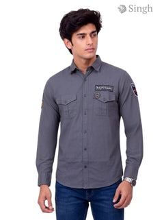 Men's grey Singh RAJUTANA SHIRTS (MENS) F-23 in cotton fabric, front view with logo and pockets