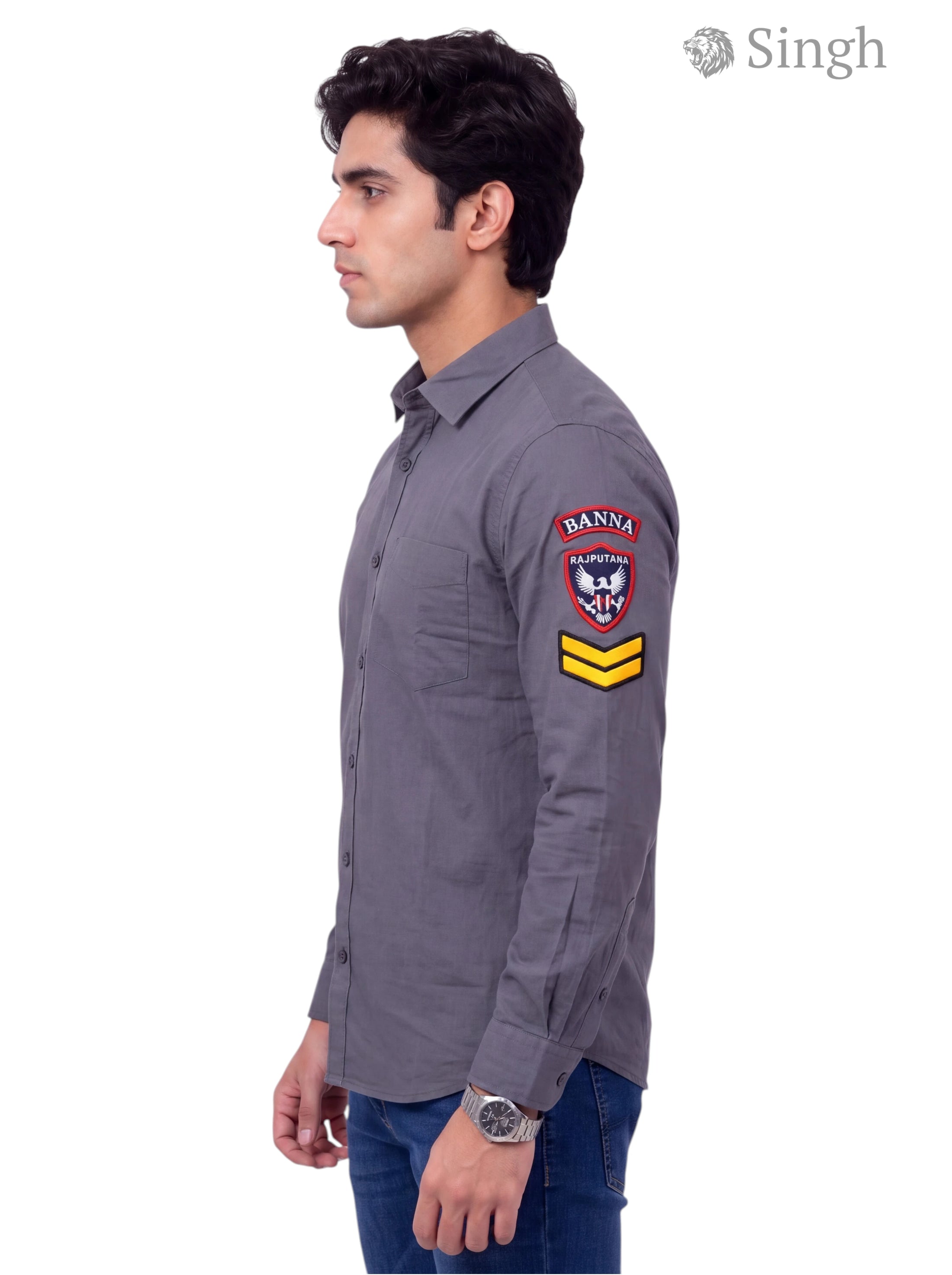 Men's grey Singh RAJUTANA SHIRTS (MENS) F-23 in cotton, side view showcasing badge details