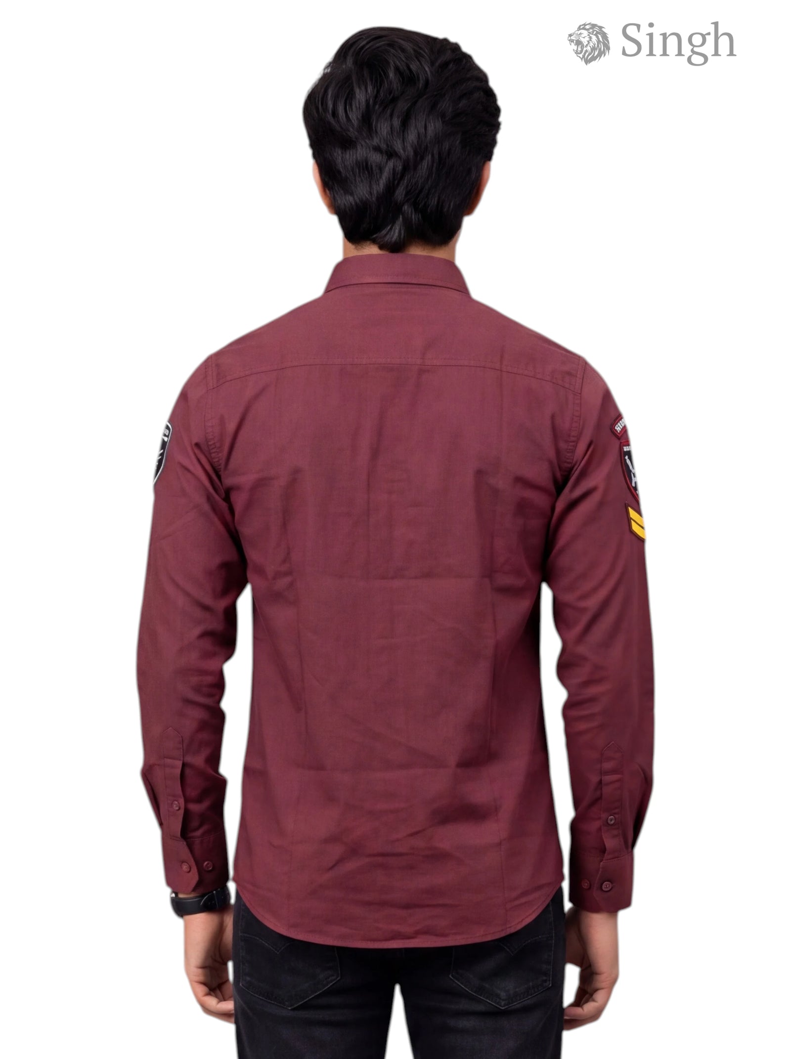 Men's burgundy Singh RAJUTANA SHIRTS (MENS) F-23 in cotton fabric, back view showing design details.