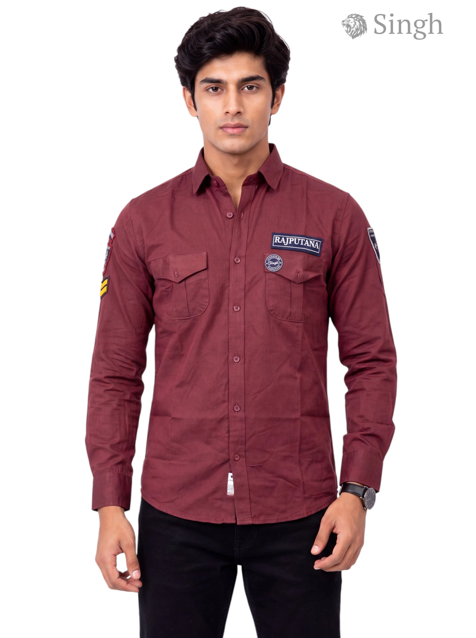 Men's Burgundy Singh RAJUTANA SHIRTS (MENS) F-23 in cotton, front view with logo and pockets