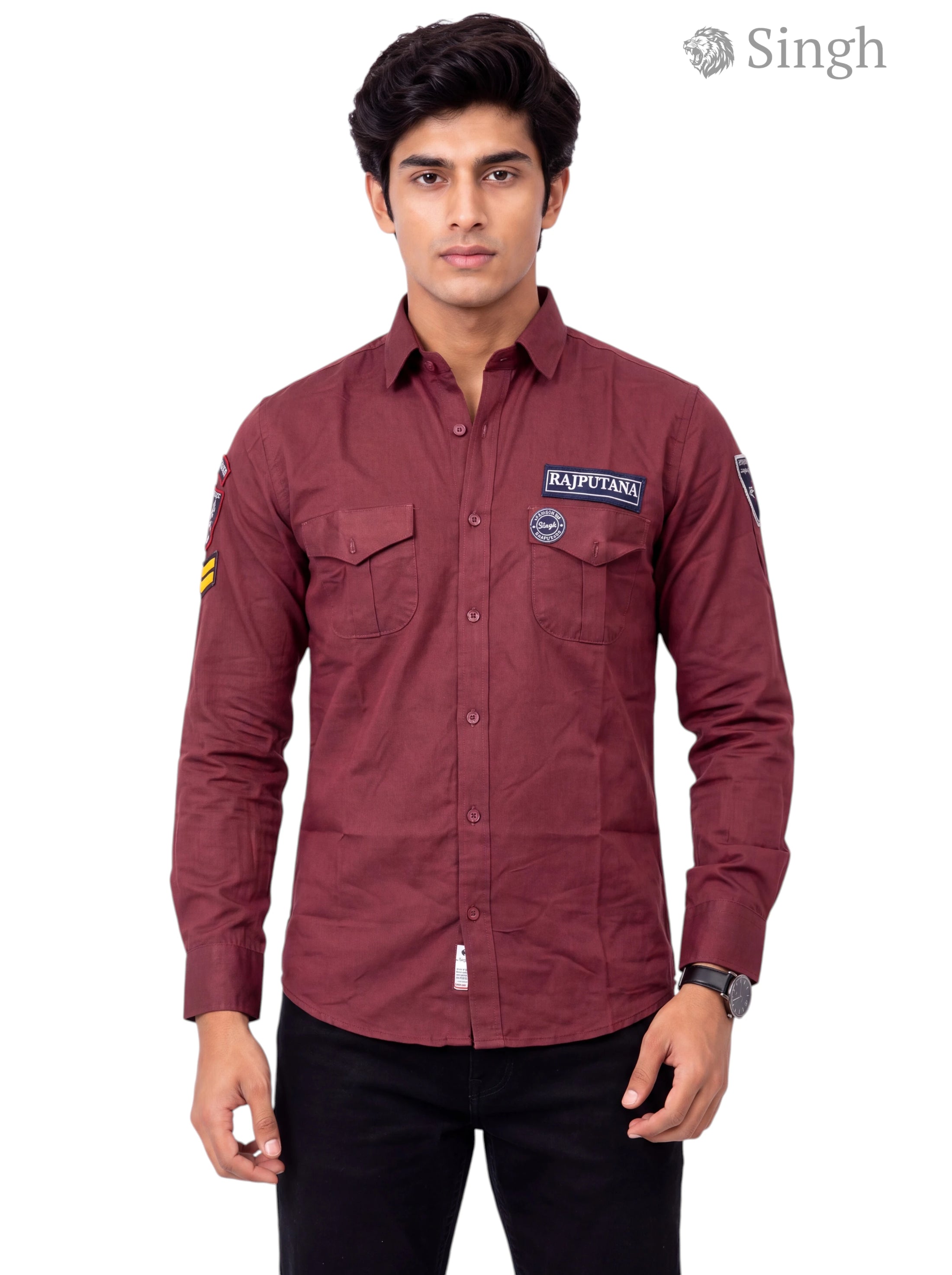 Men's Burgundy Singh RAJUTANA SHIRTS (MENS) F-23 in cotton, front view with logo and pockets