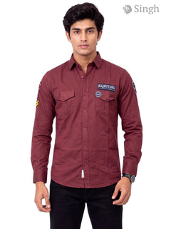 Men's Burgundy Singh RAJUTANA SHIRTS (MENS) F-23 in cotton, front view with logo and pockets